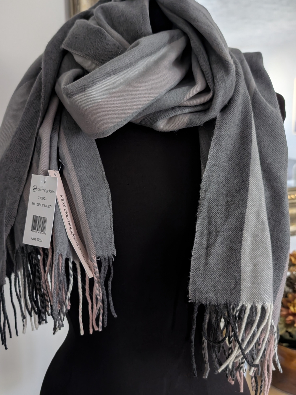 AQUA ..100%BLOOMINGDALES Gray Multi Fringe Scarf - One Size Made In Germany
